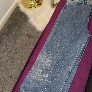 Elegant Women's Blue Rhinestone Straight Leg Jeans